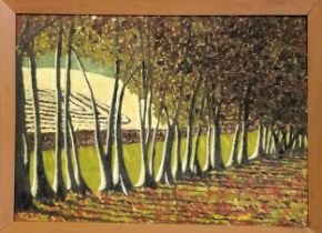 1966 framed oil on board painting of avenue of trees by M Blanchard - 43.5cm x 59cm ~ frame slightly