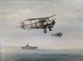 Don Breckon (1935-2013) original oil painting on canvas of 2 biplanes & a ship - frame 52cm x 68cm