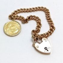 Antique 9ct rose gold bracelet with heart padlock catch (every link stamped 375) with a 1900 QV half