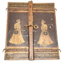 Pair of antique hand painted Indian cupboard doors, 35 cm wide, 41 cm high, some signs of wear.