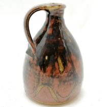 Muchelney high fired glazed vessel with strap handle - 16cm high & no obvious damage