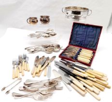 Qty of plated ware to include Cased set of fish knifes & forks, Mappin & Webb bowl & loose