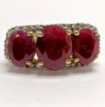 Silver gilt ruby & white stone set ring - size Q & 4.7g ~ 1 white stone missing