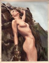 Wilfred Glyndon May (1922-2007) original watercolour of a nude lady posing against rocks covered