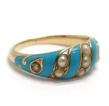 Antique unmarked gold (touch tests as 15ct) pearl & blue enamel ring - size L & 2.5g total