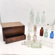 Antique walnut work box, needs attention,t/w collection of assorted bottles.