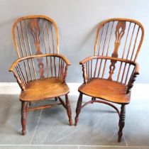 Pair of antique matched pair of Windsor elm & ash stick back elbow chairs, 1 missing part of