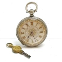 Antique silver cased fob watch with engraved case (34mm diameter) - has key and runs BUT WE CANNOT