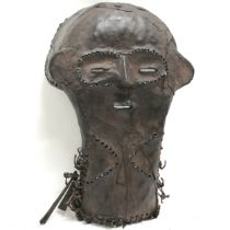 Antique African tribal leather mask with metal detail - 38cm x 24cm