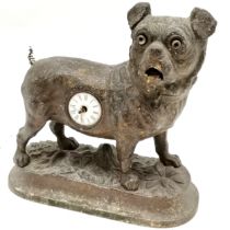 Antique spelter mantle clock of a Pug dog, with animated tongue & wagging tail, replacement tail.