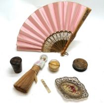 Antique gilt wood fan with pink silk detail (29cm), vintage doll brush, papier mache circular