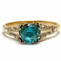 9ct marked gold blue topaz solitaire ring with white gold fancy shoulders - size M½ & 2.2g total