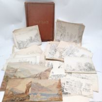 Scrap album with some contents t/w approx 100 early Victorian pencil sketches (mostly annotated) + 4