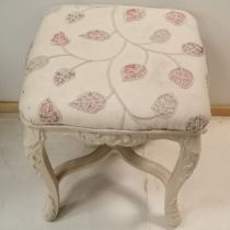 French white painted dressing table stool, with crewel work top, on cabriole legs, 43 cm square,