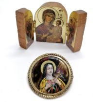 Antique enamel panel brooch with gilt metal mount of a female saint holding a crucifix and flowers -