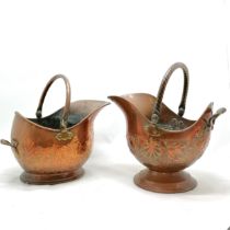 2 antique copper coal scuttles 1 decorated with repousse motifs 43cm high including handle x 42 cm