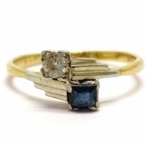 Antique 18ct gold / platinum Art Deco sapphire (square cut) & diamond set cross over ring - size M &