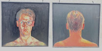 Unusual double sided hand painted oil painting on panel self portrait (?) front & back male head &