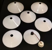 Pair of Milk glass coolie shades, 25 cm diameter, 9 cm high, t/w set of 4 slightly smaller, 23.5