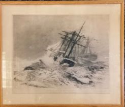Framed 1892 print of Escape of HMS Calliope by William Lionel Wyllie (1851–1931) - frame 68cm x 79.
