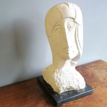 Chris Webb signed cubist Portland stone figure of a female head - @ 29cm x 25cm x 52cm high