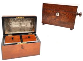 2 x Antique tea caddy boxes, largest in rosewood measuring 16cm x 22.5 x 15cm both have fitted