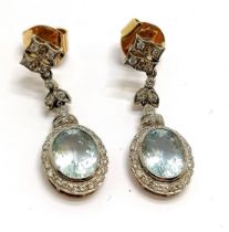 18ct marked white gold aquamarine & diamond pendant drop earrings - 3.2cm drop & 7.9g total weight