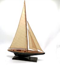 Scratch built pond yacht model with 3 sails on a wooden base - 86cm high