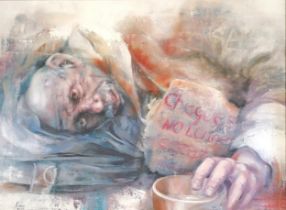 Julie Vernon original oil on canvas painting (2012) of homeless man holding bowl with sign '