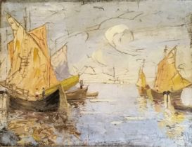 Oil painting of a port / harbour scene bearing a signature - 59cm x 76cm and has been relined and