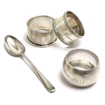 3 x silver napkin rings t/w Georgian silver teaspoon - 76g