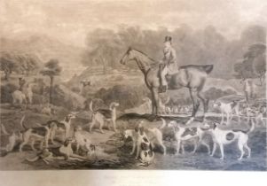 Large 1821 framed mezzotint of 'Ralph John Lambton Esqr : His Horse Undertaker, & Hounds (Calling