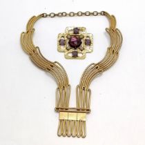 Unusual vintage gold tone collar & large paste set brooch (7cm square)