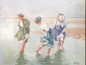 Margaret Palmer (b.1922) oil on board painting 'The Three Paddlers' - frame 44cm x 54cm-Label to