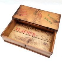 Unusual Antique pine Teacher whisky advertising crate, decorated with boy's playing cricket " The