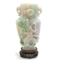 Oriental antique hand carved Chinese jade vase with bird & figural detail on a hand carved wooden