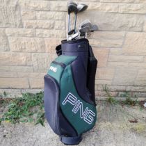 Set of golf clubs in Ping bag inc 3 x Big Bertha 'woods' with graphite shafts, Maxfli putter &