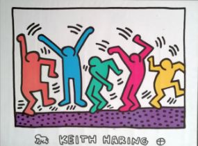 Keith Haring (1958-90) framed (1991 French) poster / print of 5 figures dancing - frame 60.5cm x