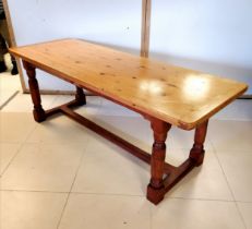 Farmhouse pine refectory style dining table, on turned column supports, 210 cm length, 75 cm deep,