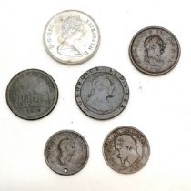 6 x coins inc 1797 George III cartwheel 1d, 1813 Flint Lead works 1d token etc