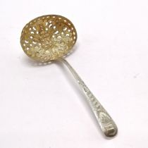 Antique silver sifting spoon with bright cut detail to handle and repousse worked bowl - 11.5cm &