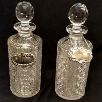 Pair of Hob nail cut crystal decanters, 27 cm high, 9 cm diameter to base, with Gin & Vodka