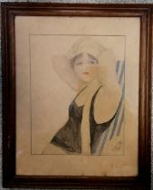 Watercolour of a bathing beauty by Sgt W A Tracey, 1st London Welsh, 15th RWF - frame 33cm x 26.5cm