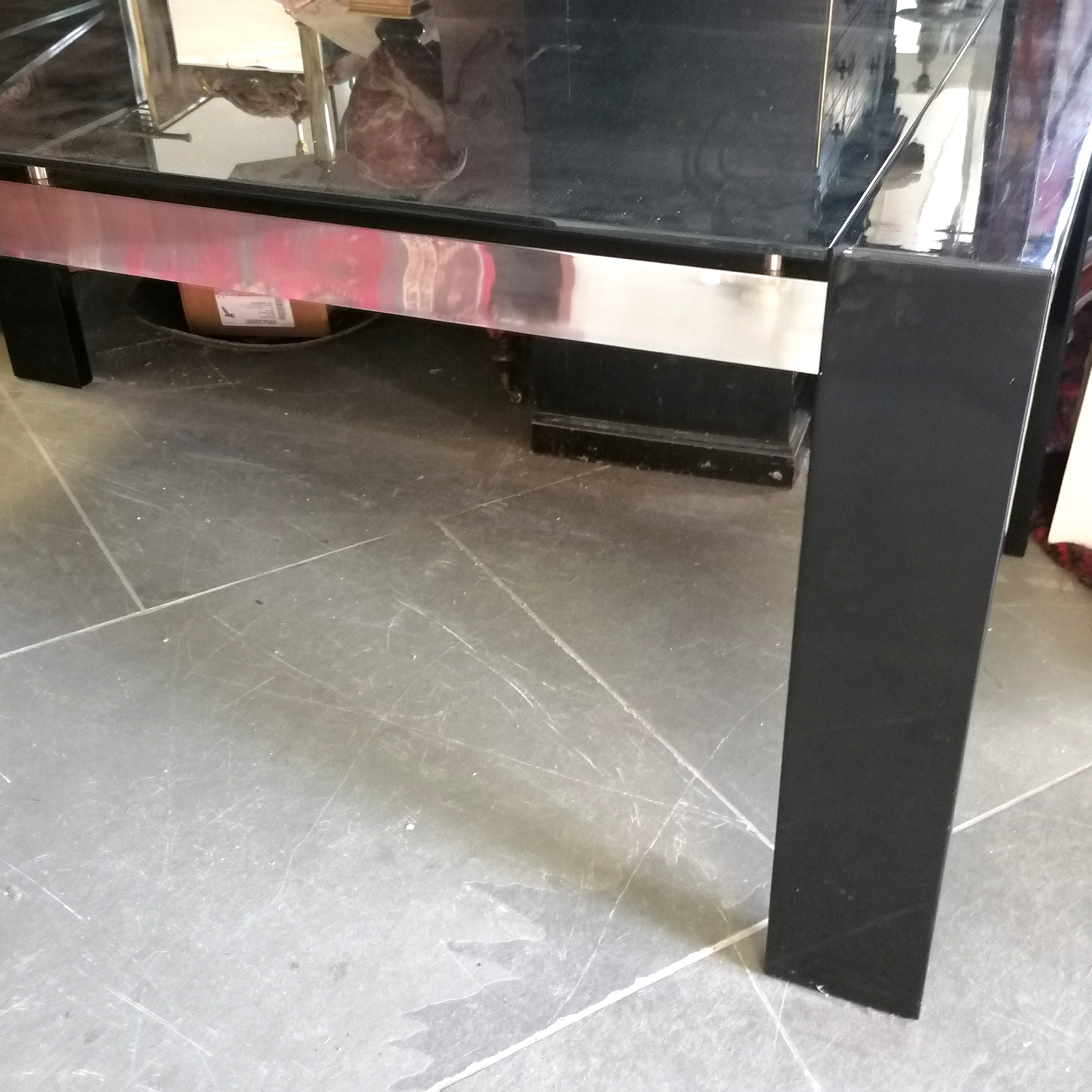Contemporary black glass topped table, 180 cm wide, 90 cm deep,76 cm deep, Good used condition. - Image 2 of 3