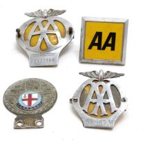 4 x vintage car badges (3 x AA & City of London with St Christopher detail - 9.5cm diameter)