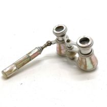 Pair of antique aluminium opera glasses with mother of pearl detail - 9.5cm across and has 1