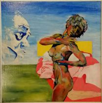 R L Elliott 1972 nude study in oil on board - frame 62cm square ~ some surface abrasions