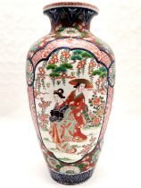 Oriental profuse decorated vase with 4 panels - 43cm high ~ has old repair to rim (with bat