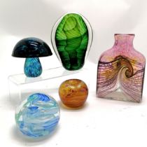 Glass bottle vase (17cm) by George Elliott, green art ornament by Thomas Petit + 3 paperweights