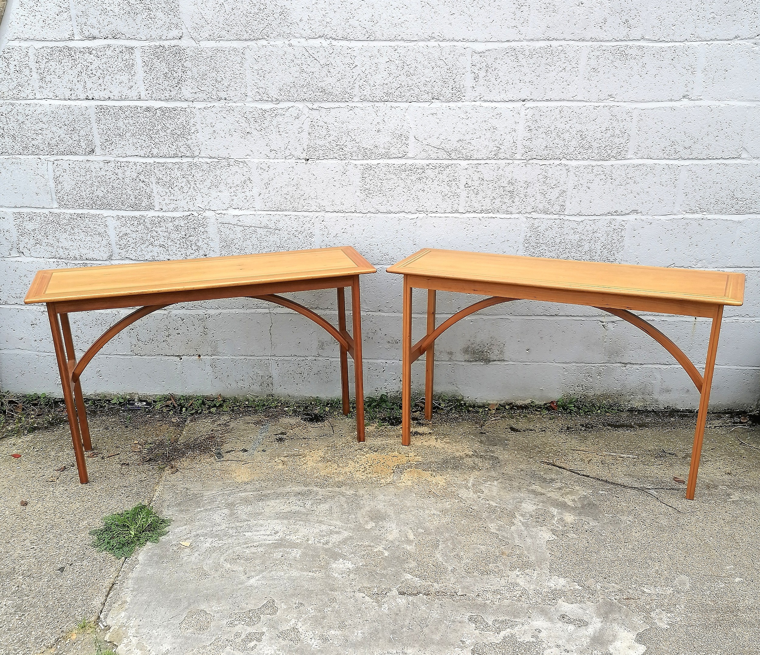 Pair of designer console tables in the school of John Makepeace with red / green wood inlay